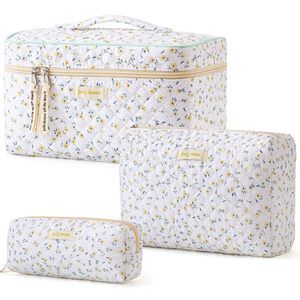 Quilted Makeup Bag, 3pcs Cotton Large Travel Makeup Bag, Cute Floral Coquette💓